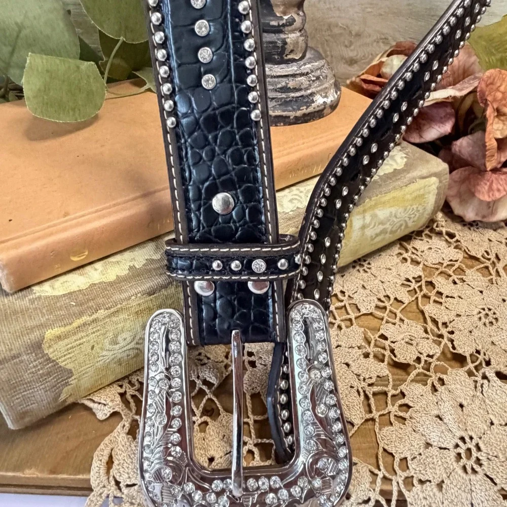 Nocona Belt Co Womens Brown Black Leather Rhinestone Studded Western Belt Small